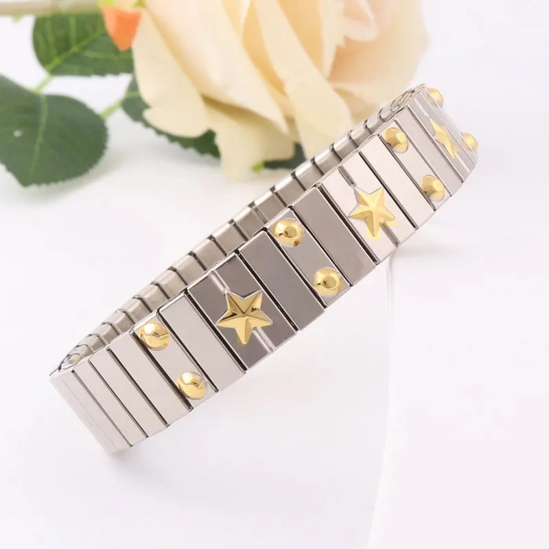 Vintage Elastic Stainless Steel Adjustable Bracelet For Women Men Embedded Rhinestone Bracelet Couple Love Star Jewelry