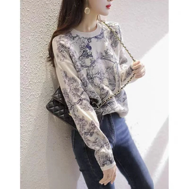 Autumn Winter Loose Casual Vintage Ink Jacquard Knitting Tops Women Fashion All-match Pullovers Female Long Sleeve Print Jumpers