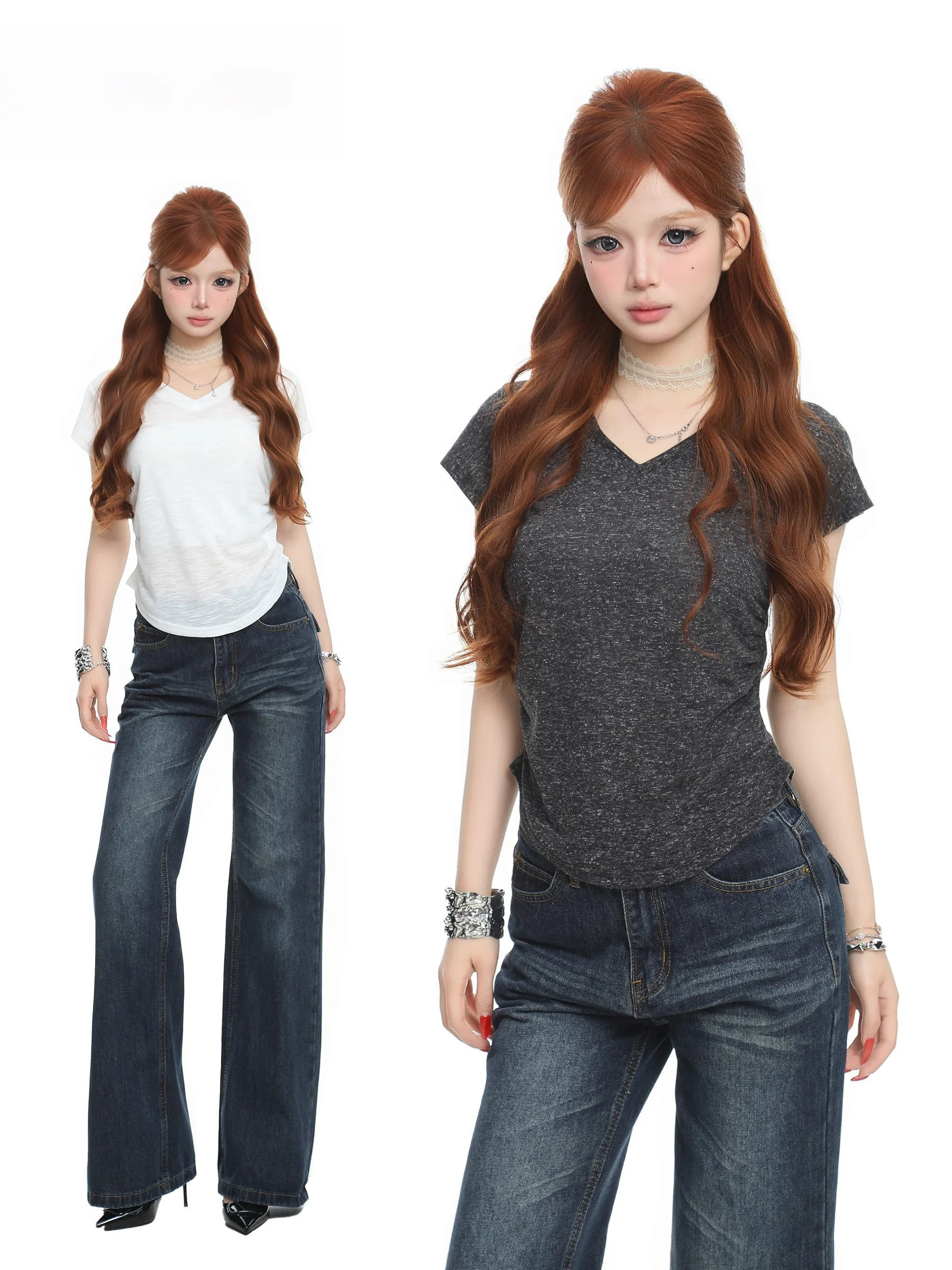 BASTERDS Spicy Girl Semi-Transparent Waist-Cinching  Color V-neck Short Sleeve T-shirt Women's Summer New Slimming Versa...