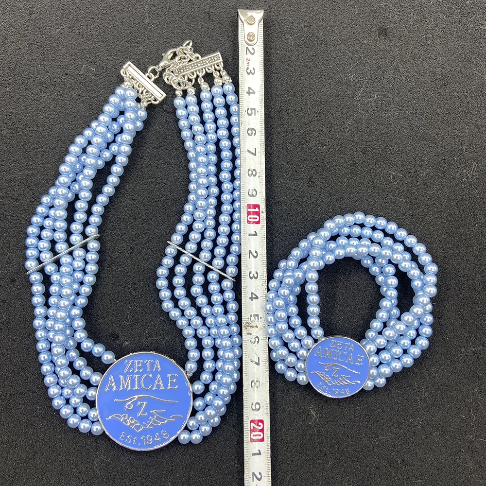 Multi Layer Sorority Light Blue Beaded Zeta Amicae Enamel Round Pendant Crest Pearl Necklace Bracelets Sets