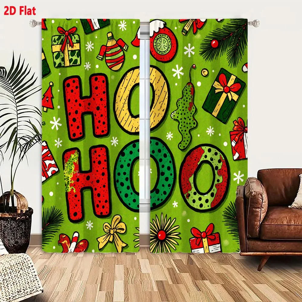 2Pcs Curtains 2D Flat HO HOO Christmas Themed Illustration with Festive Elements Pine Branches Gift Boxes Gingerbread Man Candy