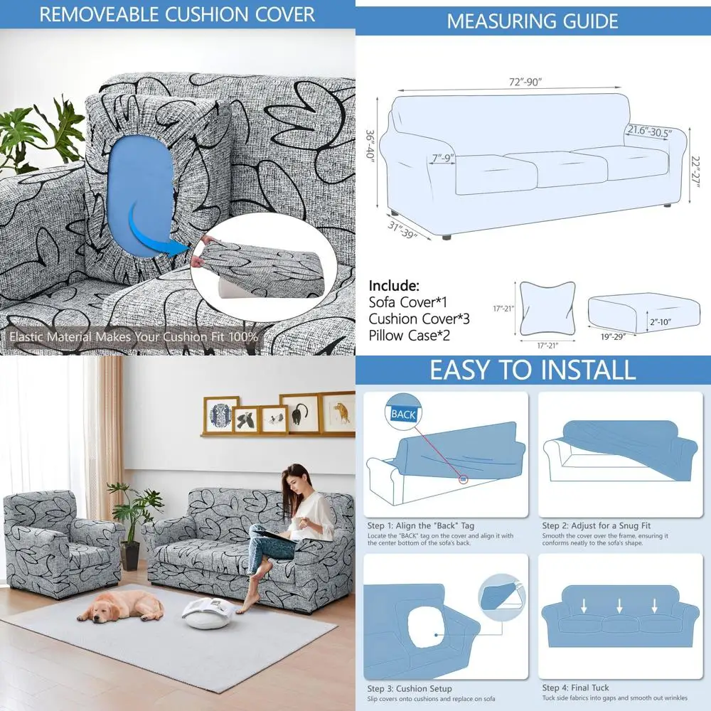

6-Piece Stretch Sofa Cover Set with Cushion & Pillow Cases, Grey Lotus Pattern, Washable Spandex Furniture Protector for Living
