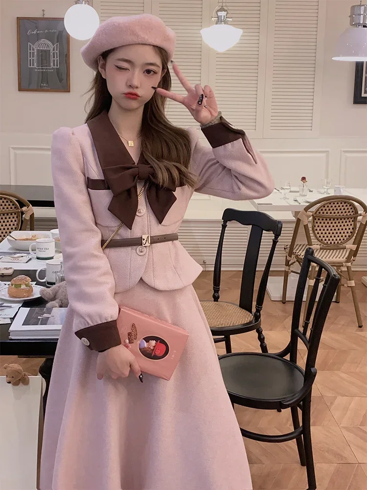 Pink Vintage France Two-piece Set Women 2024 Warm Winter Korean Elegant Skirt Suit Elegant Sweet Coat + A-line Party Midi Skirt