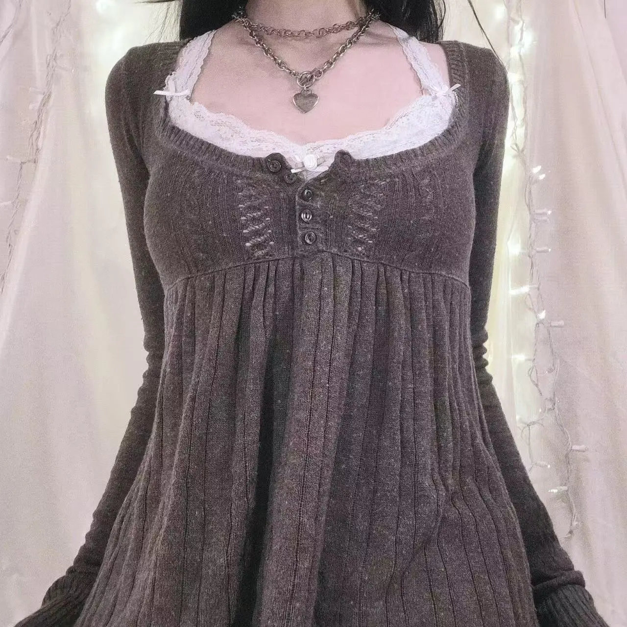 

2026 New Arrival Women's Comfortable Half Placket Long Sleeve Flared Hem Knit Top Spring Casual Knit Dress