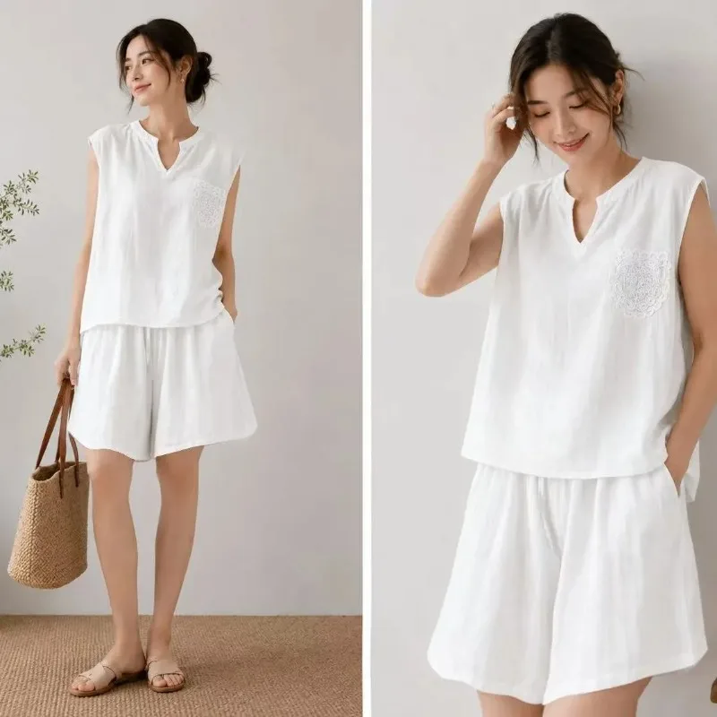 

Women Cotton Linen Sleeveless Loose Top Drawstring Shorts Casual Cool Two Piece Summer Outfit