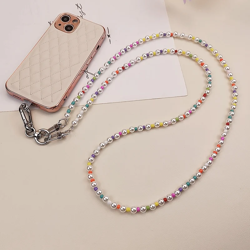 

Crossbody Section Carried Colorful Beads Pendant Shoulder Strap Hanging Chain with Phone Clip Universal Mobile Phone Lanyard