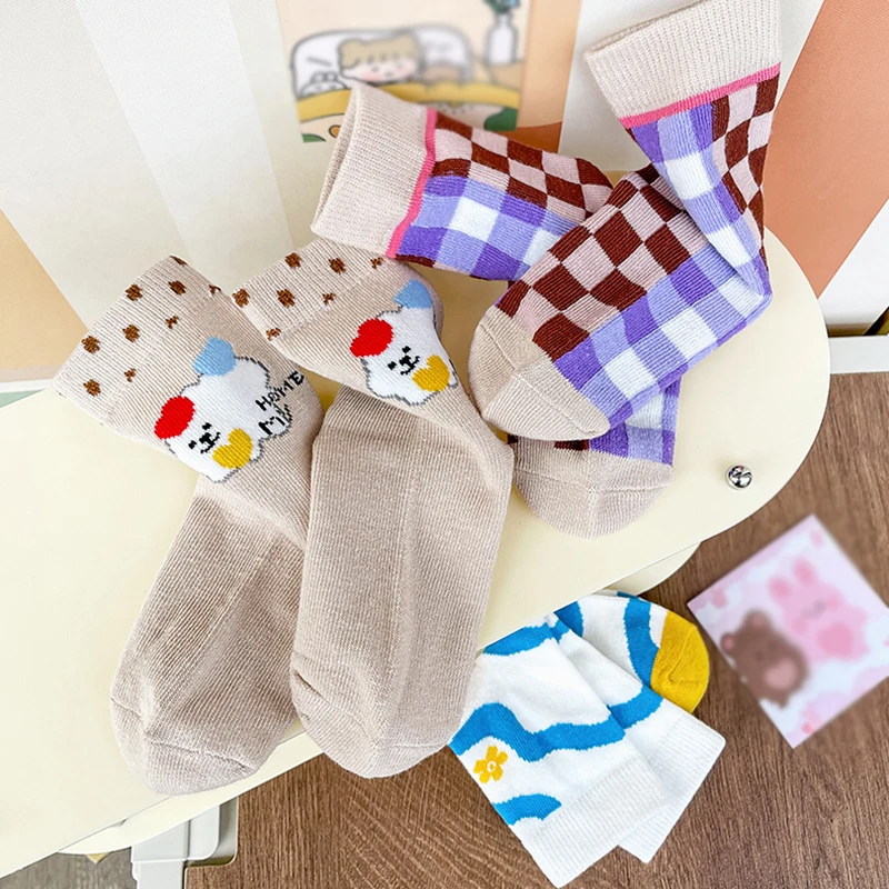 3 Pairs Children\'s Cotton Socking Baby Boys Girls Autumn Cartoon Printed Striped Diamond Vintage Fashion Toddler Mid-Tube Socks