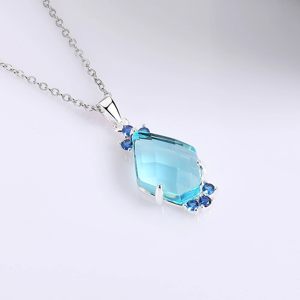 DreamCarnival1989 Delicate Aquamarine Pendant Necklace Women Pentagonal Zircon Wedding Party Sweater Jewellery Blue Tone WP7027