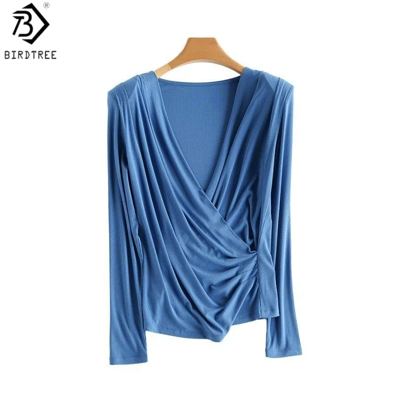 Birdtree Women's Silk Blend T-Shirt, Wrapped V Neck, Long Sleeve, Ribs Knitted Basic Plain Tee,2026 Fall, Winter T68016JF