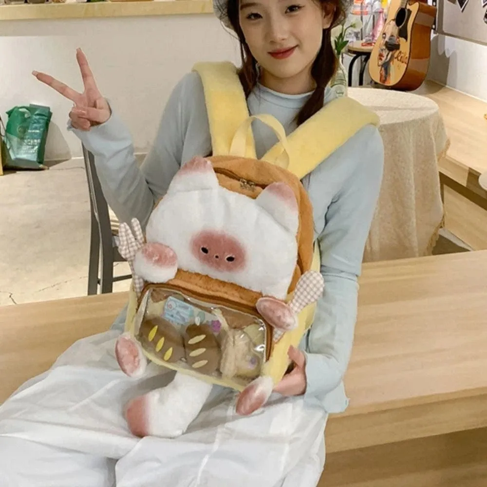 Mochila de Felpa con Diseño de Gato Kawaii de Harajuku, Linda Mochila Transparente con Diseño de Gato de Pan, Mochila Escolar Suave y Esponjosa para Estudiantes, Uso Casual