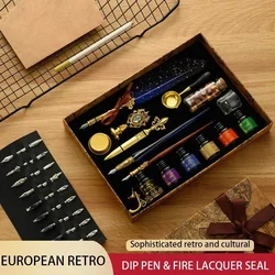 Kit de pluma de inmersión de plumas antiguas, juego de pluma de inmersión de madera Retro, Kit de sello de cera clásico para caligrafía, palabras artísticas, regalos