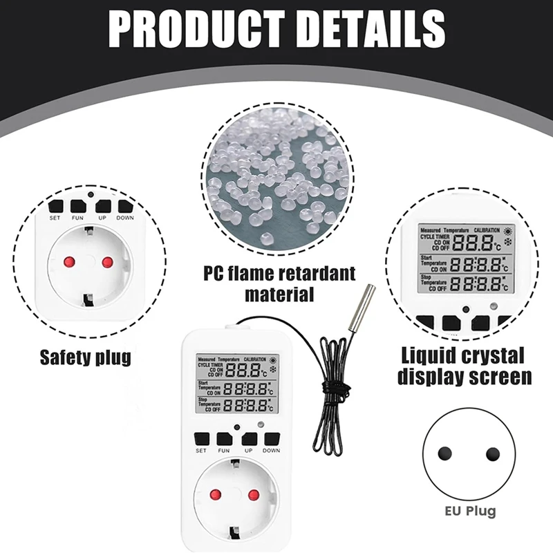 Digital Temperature Controller Sockets,16A Heating Cooling Thermostat Socket With Sensor For Greenhouse EU Plug