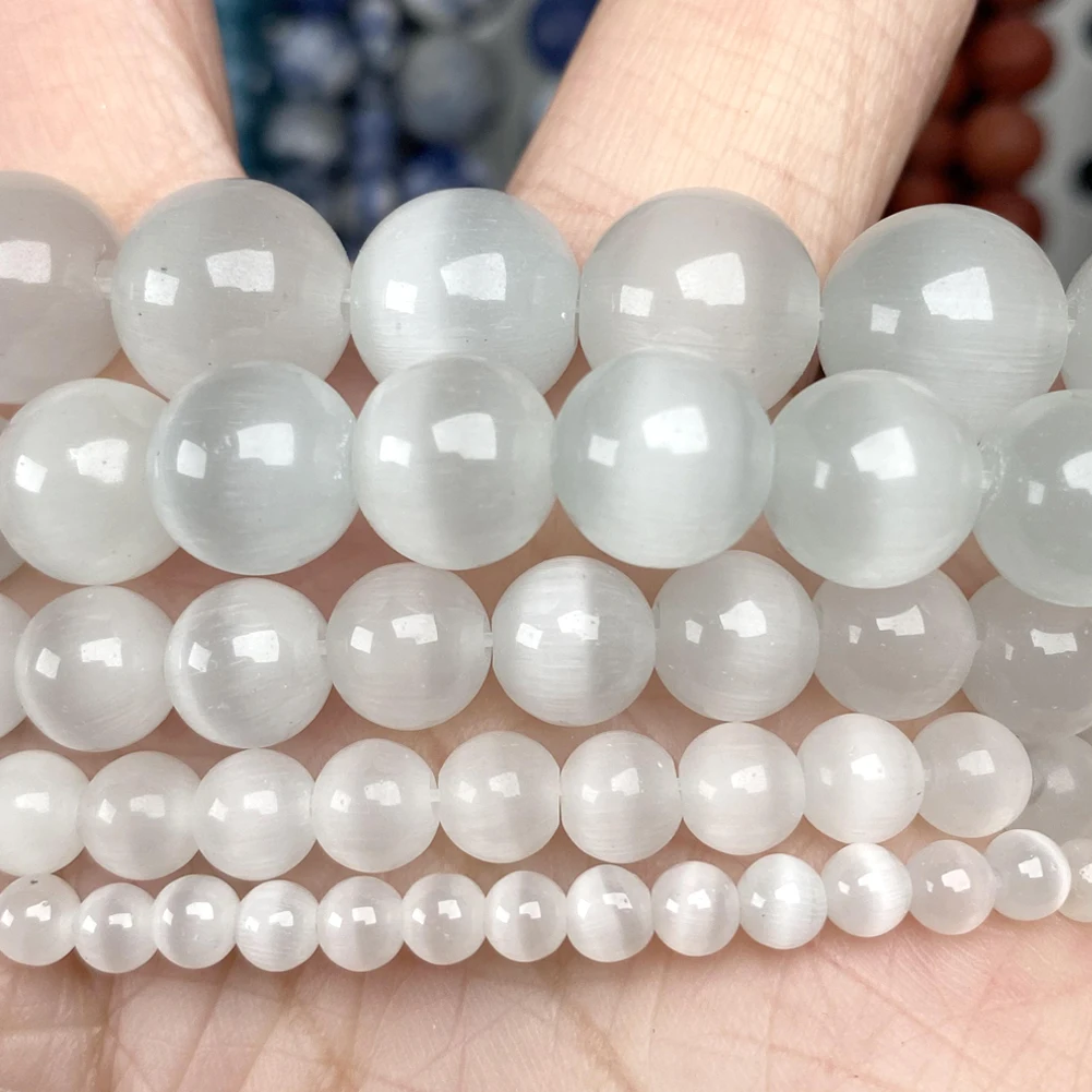 Natursteinperlen, 4–10 mm, weißes Katzenauge, runde lose Distanzperlen für Schmuckherstellung, DIY-Armbänder, Ohrring-Zubehör