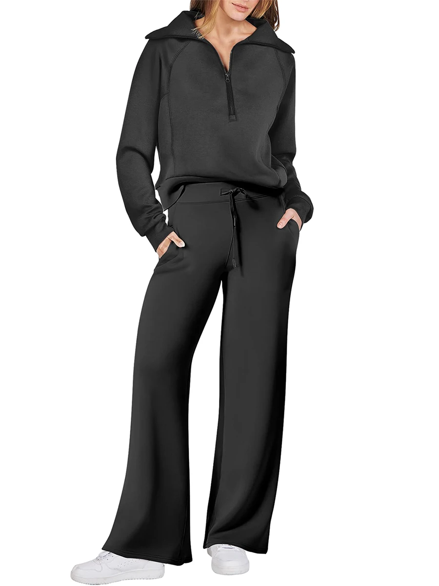 Tenues de survêtement 2 pièces pour femmes, manches longues, demi-fermeture éclair, sweat-shirt, pantalons de survêtement, ensemble de salon, survêtements, 2023