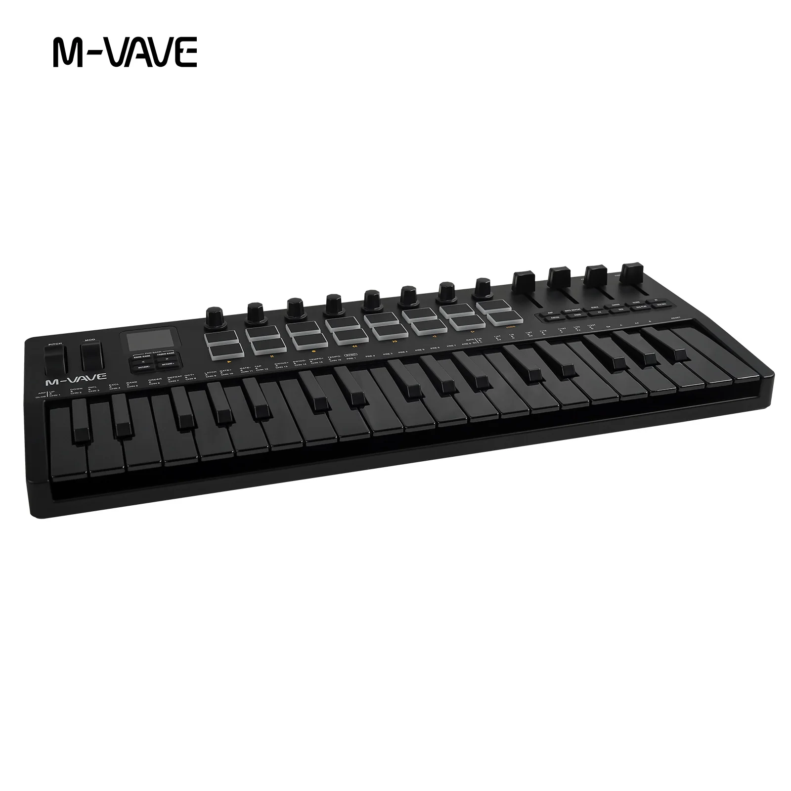 وحدة تحكم M-VAVE SMK-37 PRO ذات 37 مفتاحًا USB MIDI باللون الأسود، و16 وسادات RGB و8 مقابض تدعم تشغيل البرنامج لـ WINDOWS MAC IOS Android