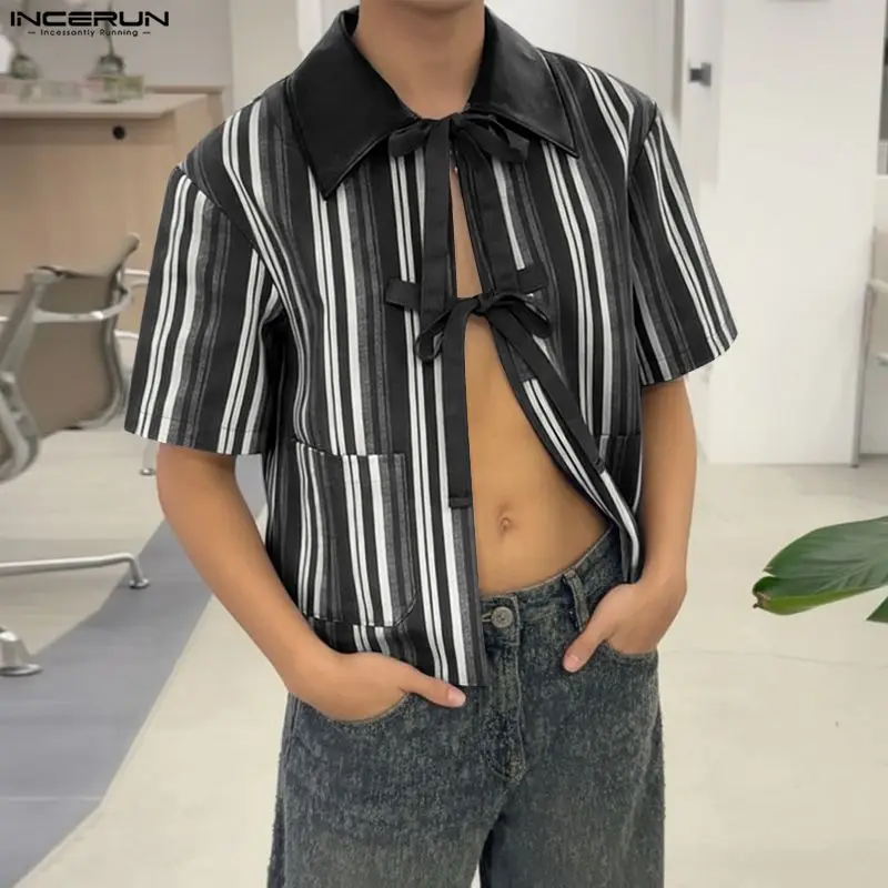 

INCERUN Men Shirt Striped Patchwork Lapel Short Sleeve Lace Up Men Clothing Summer Loose Streetwear 2026 Fashion Casual Tops Men