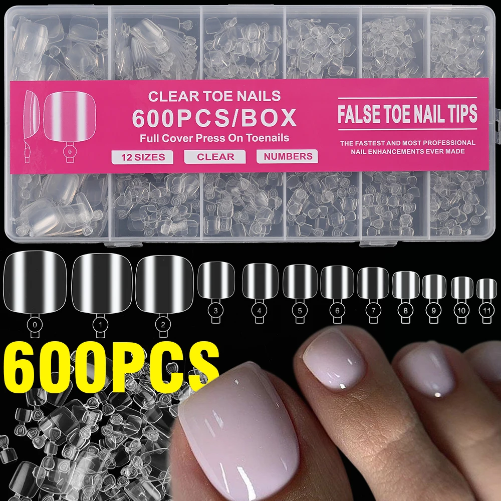 

600pcs Press-On Fake Toenail Art Extensions Clear Acrylic Toe Nail Tips 12 Sizes Square Shape Short Length Transparent Nail Set*
