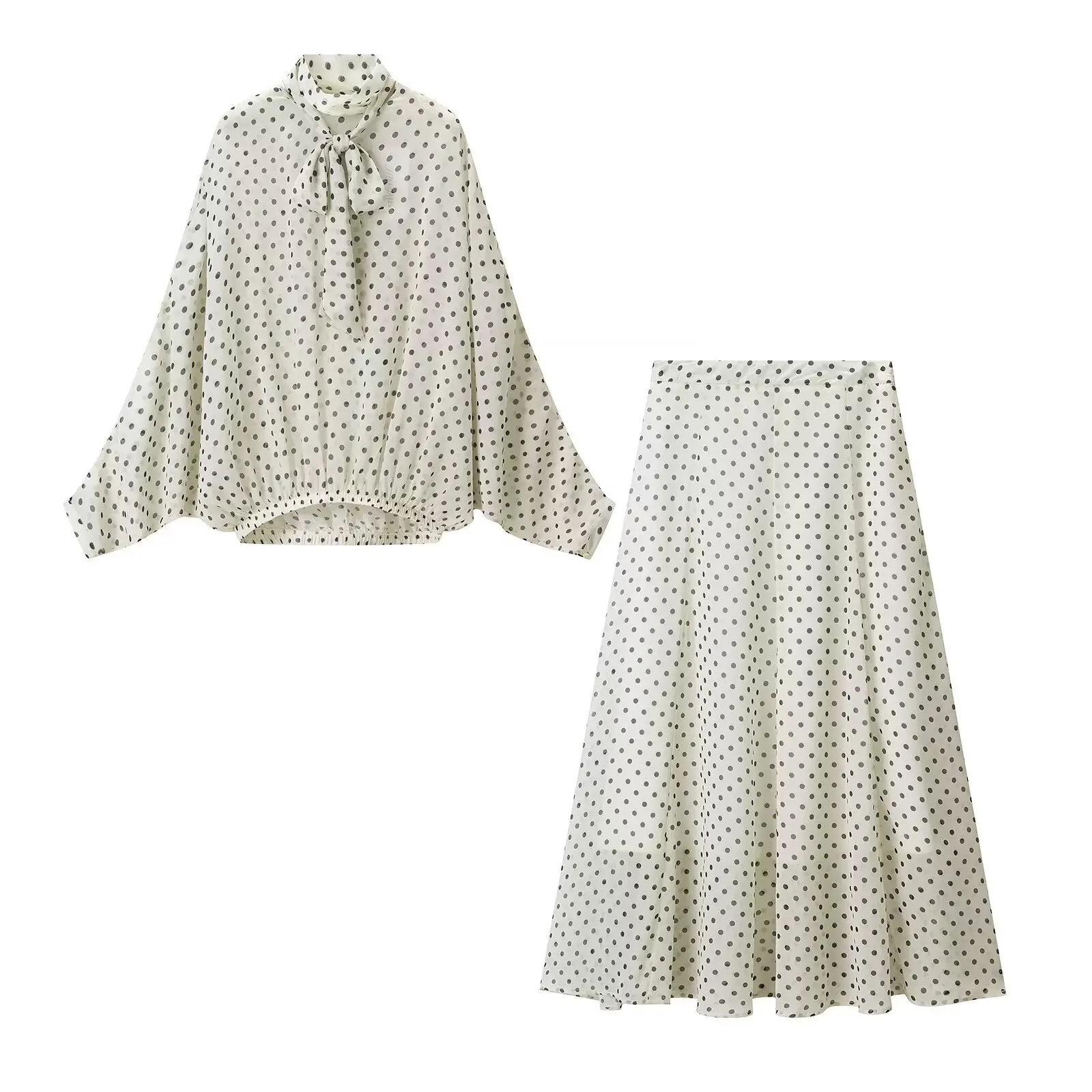 KONDALA Chic Vrouwen Casual Polka Dot Suits Boog Losse Elegante Shirt + Gedrapeerde Lange Midi Rok Mode 2026 Streetwear Vrouwelijke Sets