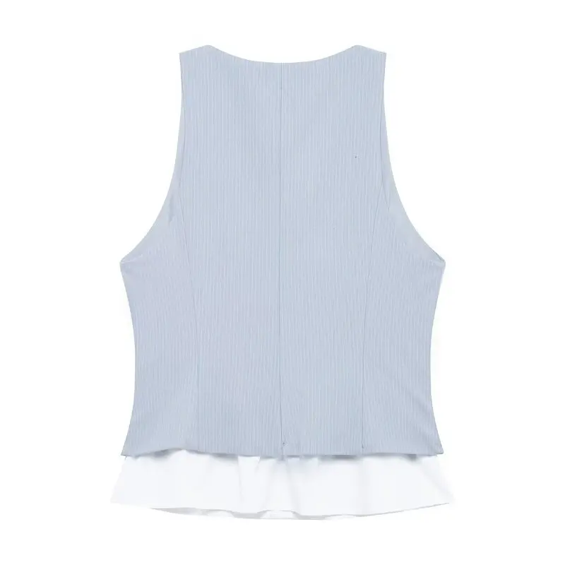 Spring 2025 Women's Fashionable Sleeveless V-Neck Striped Patchwork Top Versatile Basic Style Single Button Closure Regular L...
