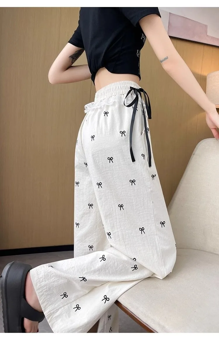 Süße und würzige Mädchenhose mit Spitzenbesatz, lässige Hose mit Schmetterlings-Schleife, lockere Damen-Hose mit weitem Bein, gerade geschnittene Hose – Detail 14