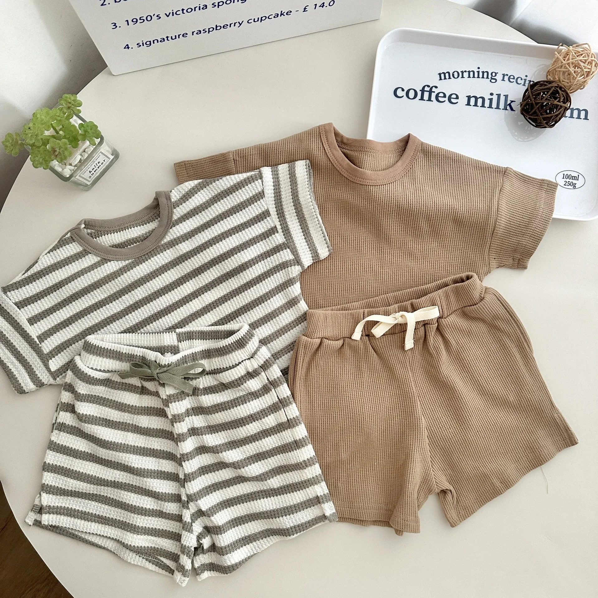 2024 Summer New Baby Short Sleeve Clothes Set Toddler Girl Casual T Shirts + Shorts 2pcs Suit Kids Boys Waffle Striped Outfits