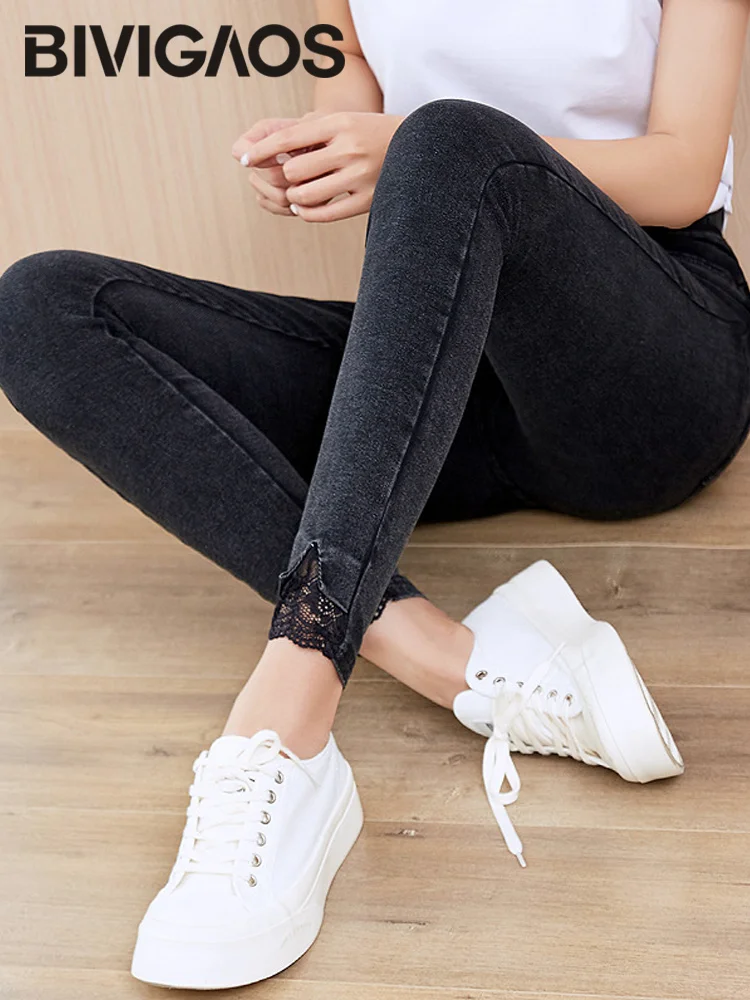 BIVIGAOS Spring Women Sand Washed Jeans Leggings Snowflake Skinny Pencil Pants Lace Bottom Elastic Slim Gray Jeggings