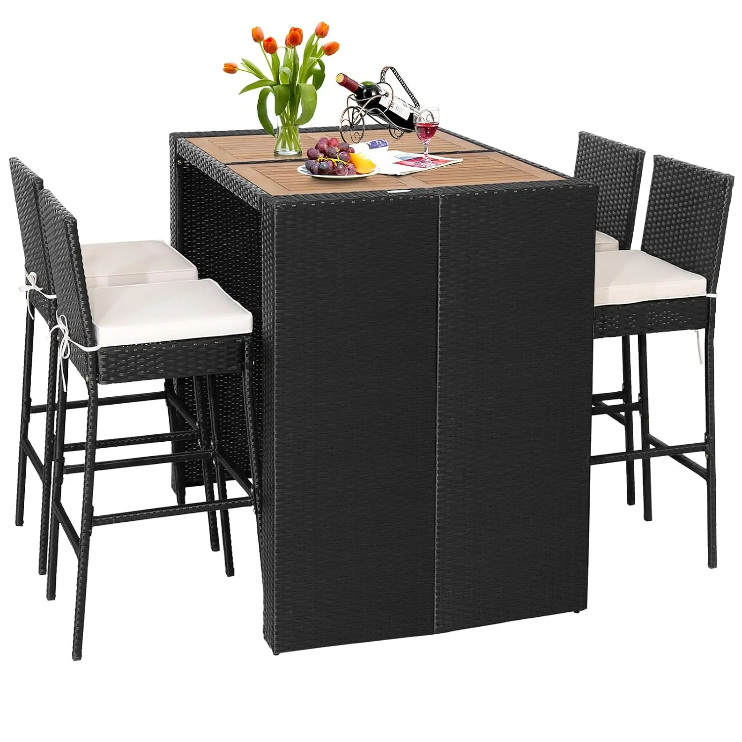 5-Piece Rattan Outdoor Bar Set Height Table & 4 Cushioned Stools, Patio Wicker Dining Furniture Poolside Backyard, Customized