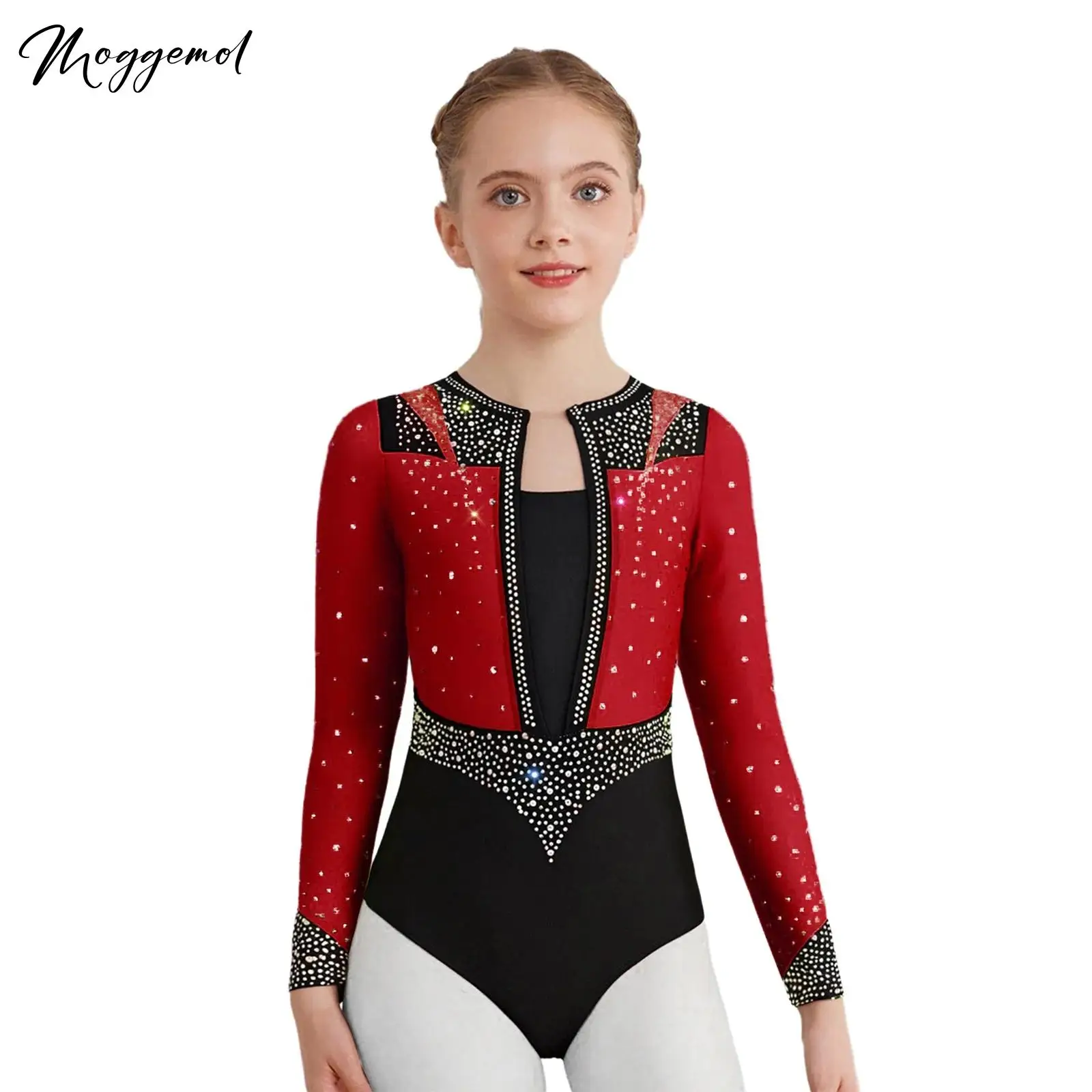 

3 шт., комплекты для фигурного катания с блестящими стразами для девочек, гимнастический купальник с длинными рукавами и замочной скважиной на спине, боди для фигурного катания, танцевальная одежда