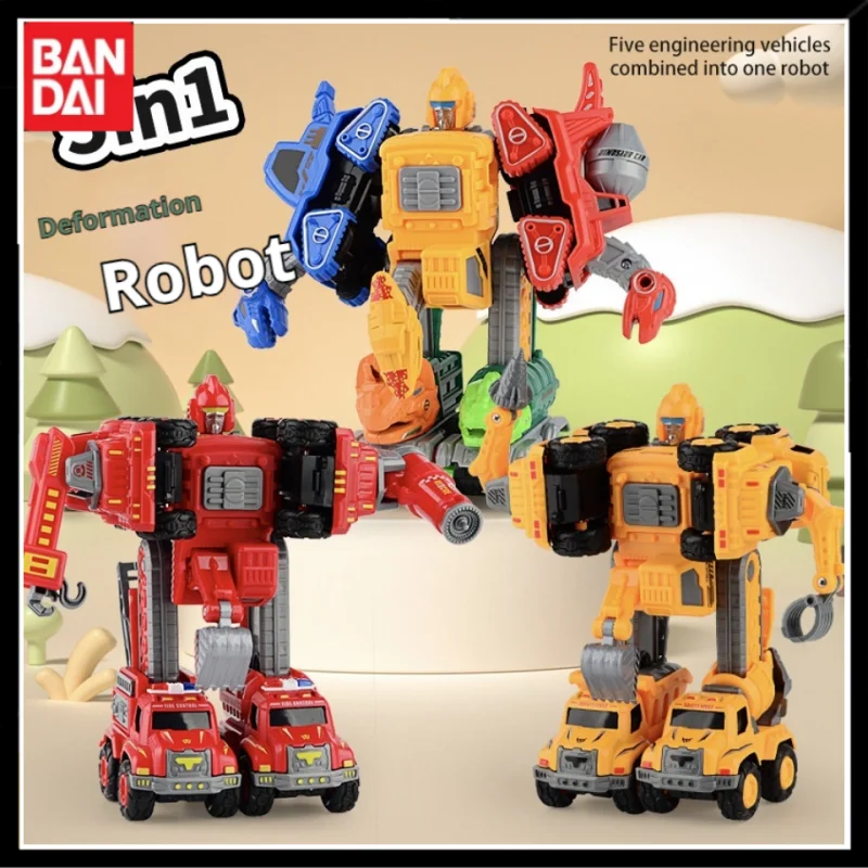 Cross-Border Alloy Deformation Construction Vehicle 5 In 1 Transform Robot Children Toy Dinosaur Engineering Vehicle Fire Truck