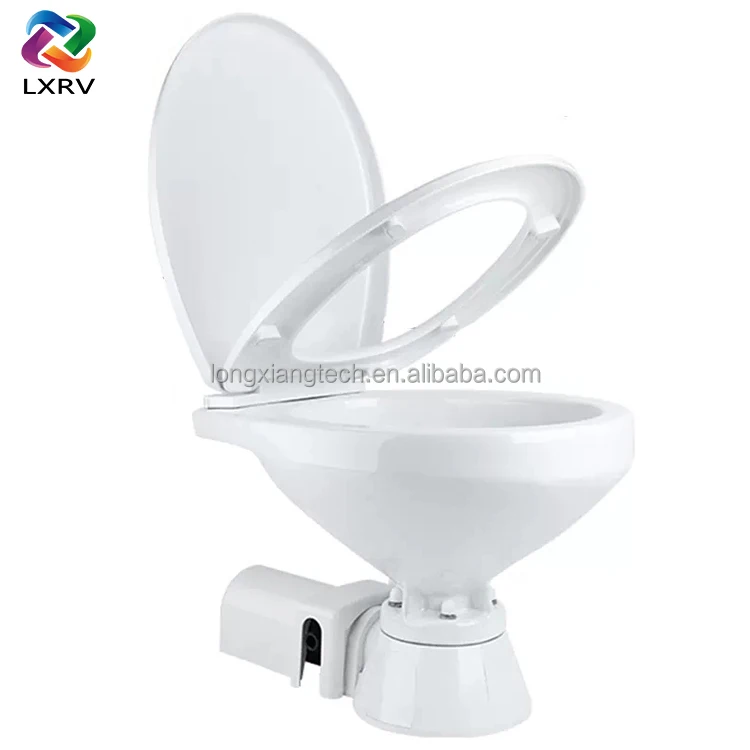 LXRV-AD-001 Electric Marine Toilet 12V Ceramic Bowl Boat Yacht RV Bathroom Replacement Unit Compact Cabin Head Floor Mount Cabin