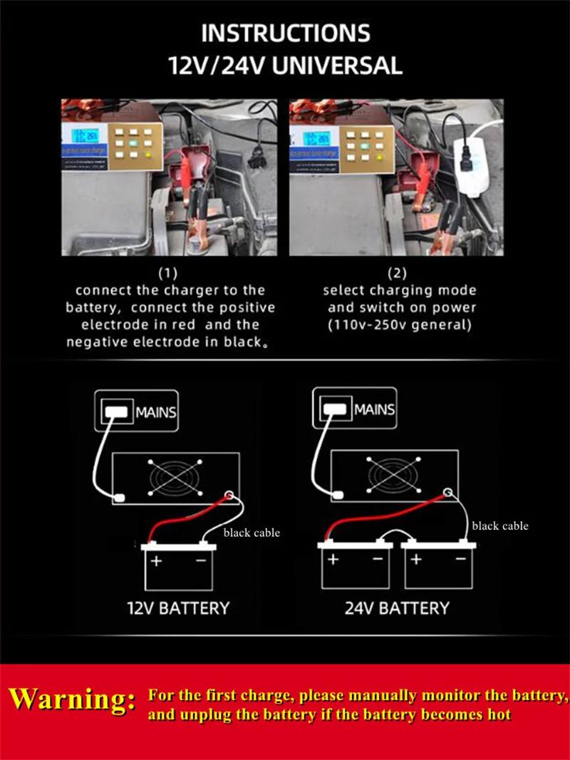 Smart Automatic 12V/24V Car Storage Battery Charger LCD 5-Stage Intelligent Pulse Repair for Lead Acid Dry&Wet Battery 6-100AH