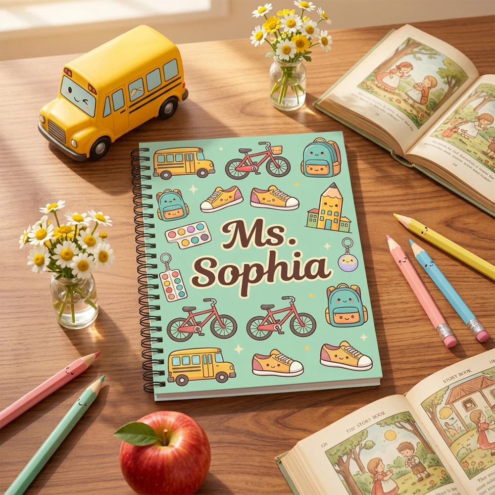Custom Name Teacher Notebook,Personalized Text Kawaii Doodle Journal,Classroom Desk Stationery