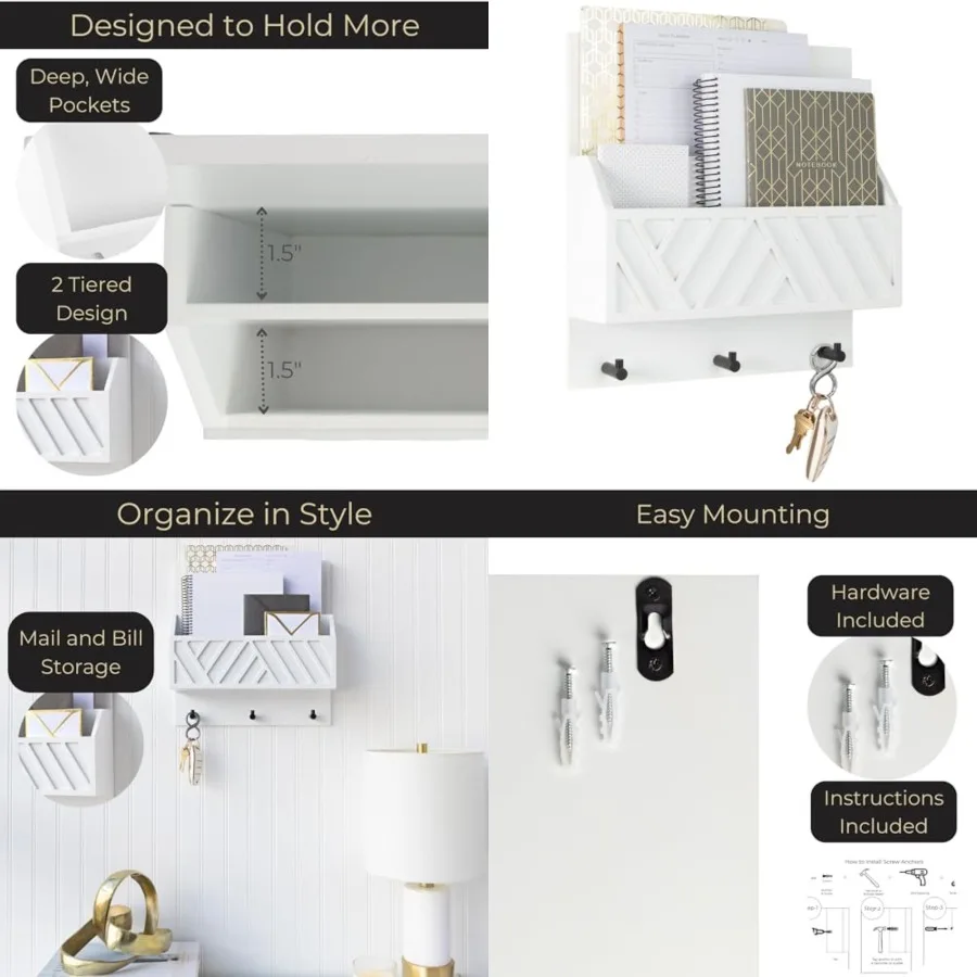 

Wall Mount Key Holder with Mail Organizer Wooden Command Center with 3 Hooks and 2-Tier Letter Pockets Entryway Mail Sorter and