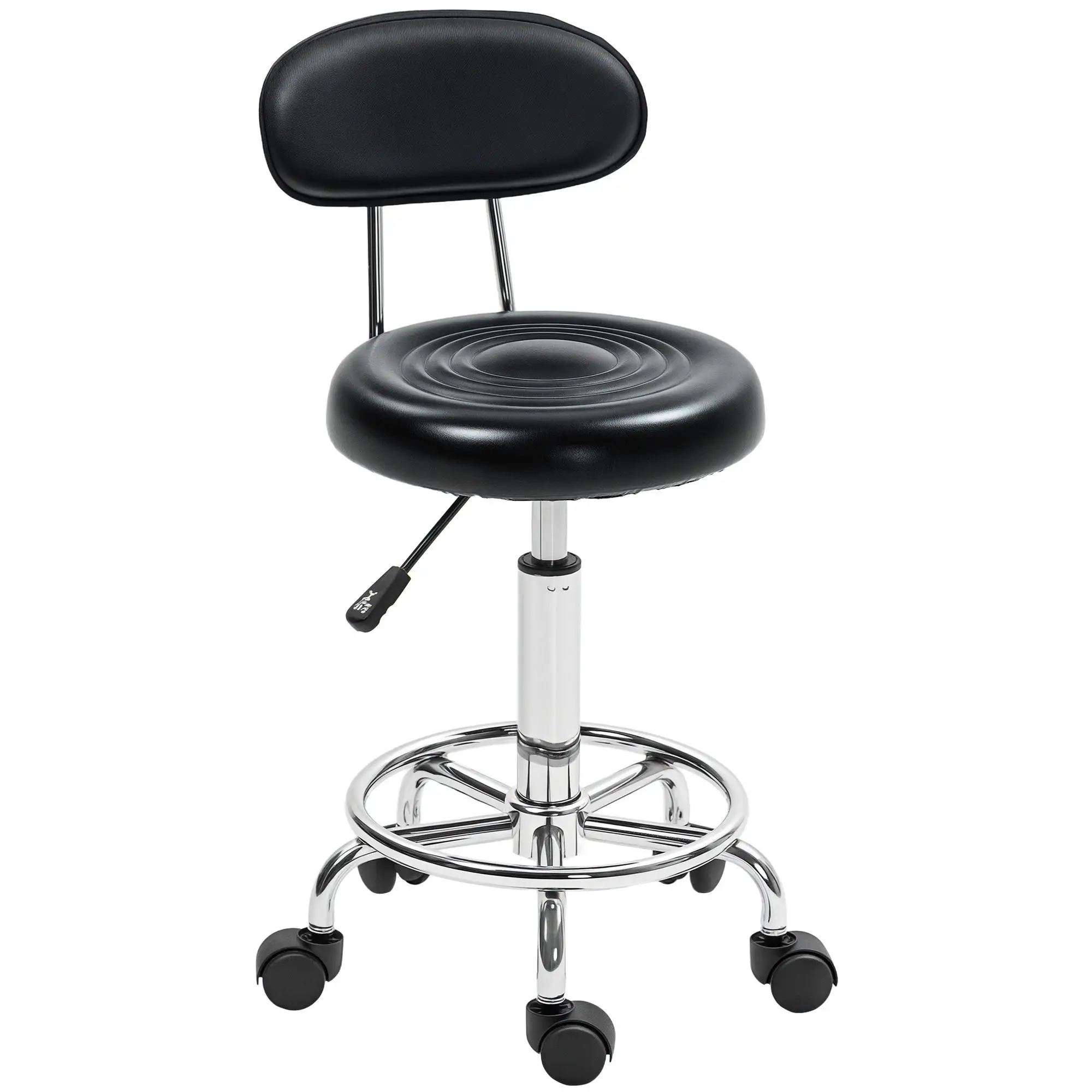 Tabouret pivotant réglable en similicuir 70-86 cm avec dossier et repose-pieds, noir, pour salon