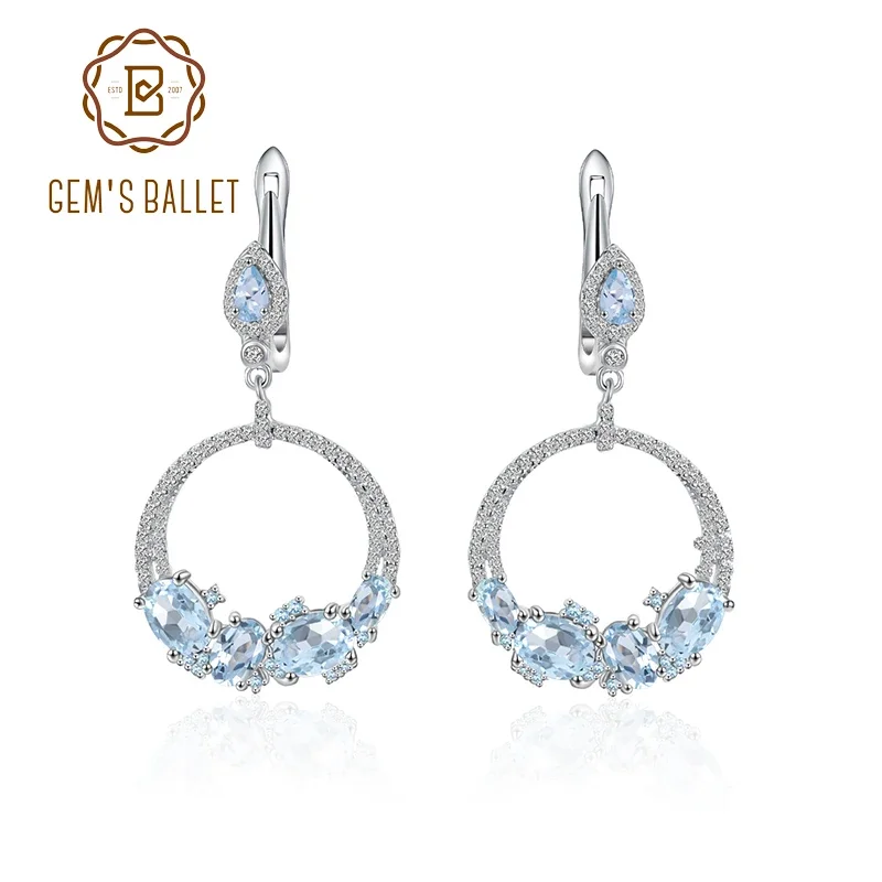 GEM'S BALLET Luxury Topaz Jewelry Natural Sky Blue Topaz Statement Dangle Earrings 925 Sterling Silver Handmade Circle Earrings