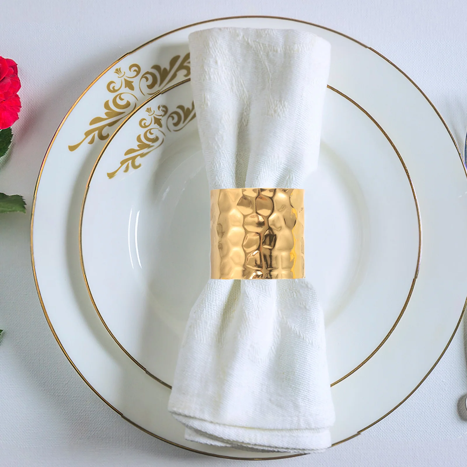 

12Pcs Napkin Rings Gold Metal Textured Design Dining Table Decor for Formal Parties Banquets Cloth Paper Napkins Use