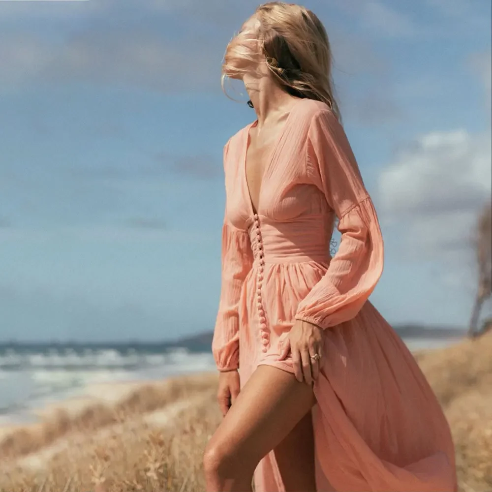 

New Causal Button Up Long Summer Dress Long Sleeve Vintage Deep V Neck Long Dress Robe Dropshipping White Beach Boho Dress