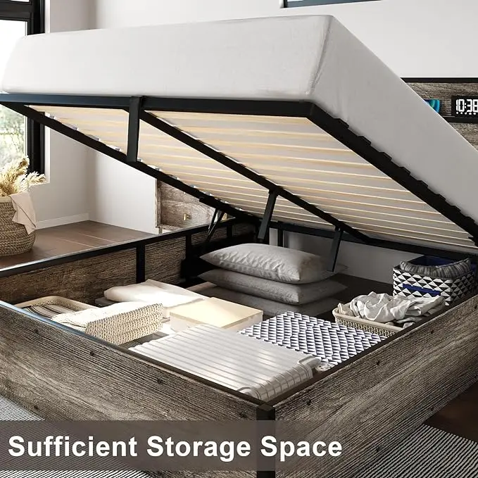 Full Size Lift Up Storage Bed Frame with Lifting Storage & Charging Station, No Spring Box Needed/Noise Free