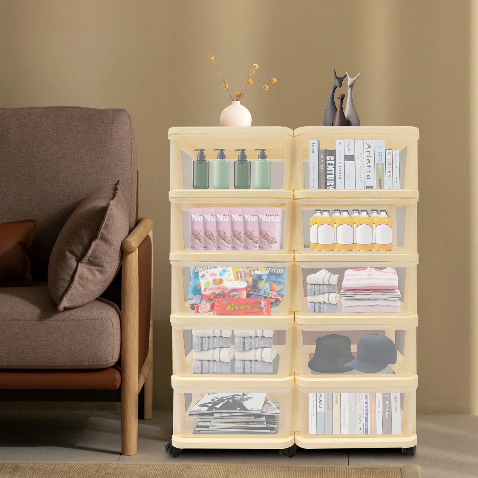 

5 Tiers Collapsible Storage Cabinet Box Organizers & Storage Containers w/ Wheel