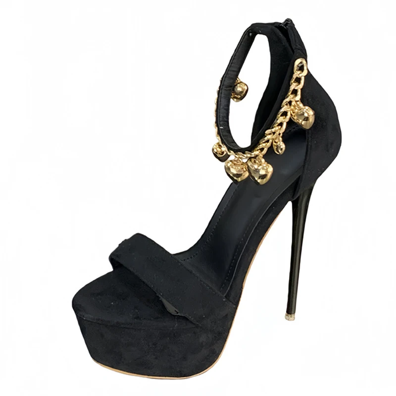 Liyke Fashion Design Bell Chain Ankle Zip Cover Strap Women Sexy 16CM Sandal Platform High Heels Party Club Stripper Shoes Black view 6