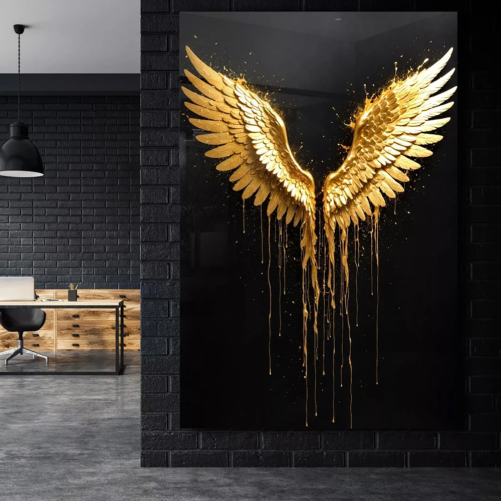 Golden Graffiti Luxury Golden Angel Wings Woman Abstract Black Gold Canvas Painting Art Poster Living Room Home Decor Wall Mural