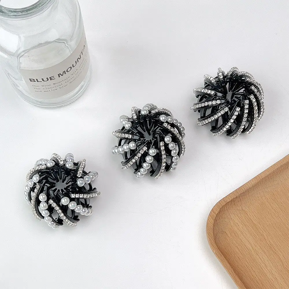 Rhinestone Fashion Design Girls Meatball Head Women Ponytail Buckle Pearl Hair Ring Bird Nest Bun Maker Korean Style Hair Claw