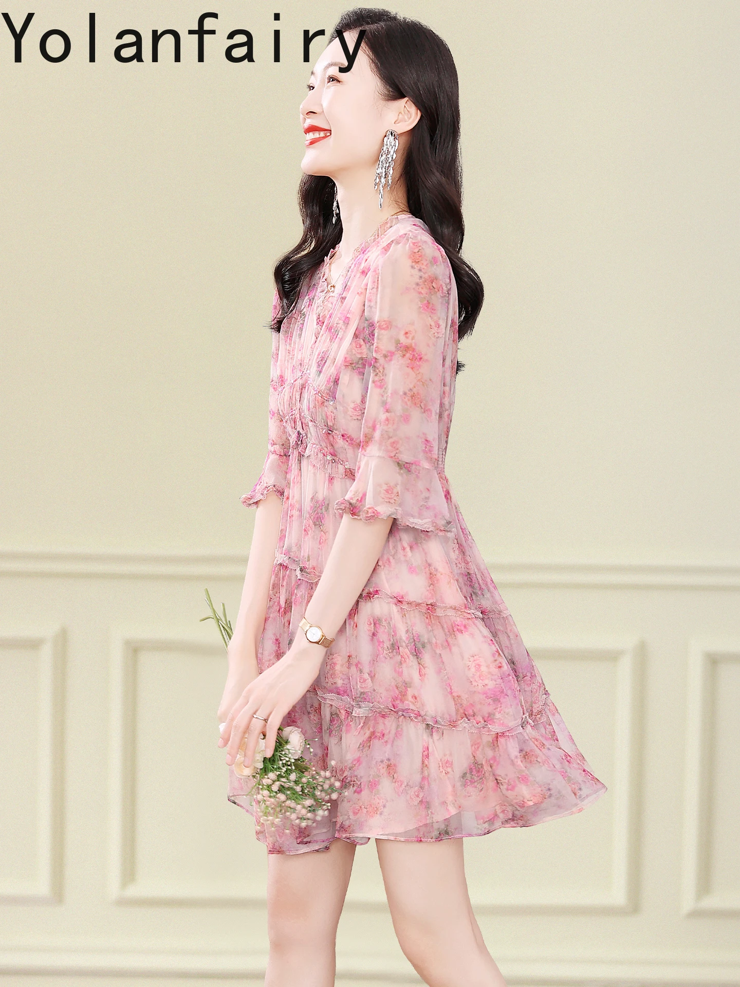 YOLANFAIRY ชุดเดรสผ้าไหมมัลเบอร์รี่แท้ 100% คุณภาพสูงสำหรับผู้หญิง แขนบานลายดอกไม้ ชุดเดรสฤดูร้อน 2025 โรแมนติกและสง่างาม
