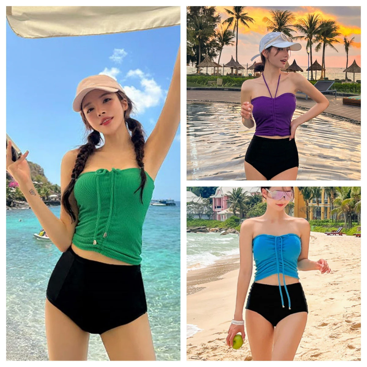 New Green High Waist Bikini Korean Two Pieces Swimsuit Women Swimwear Beach Wear Bathing Suits Purple Crop Top Pool Bather 2024