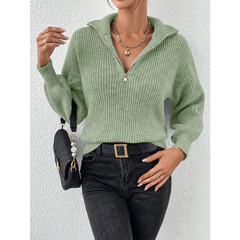 

Casual Solid Color Sweater For Women Autumn Winter New Stand Collar Zipper Long Sleeve Knitted Pullover Fashion Lady Warm Top