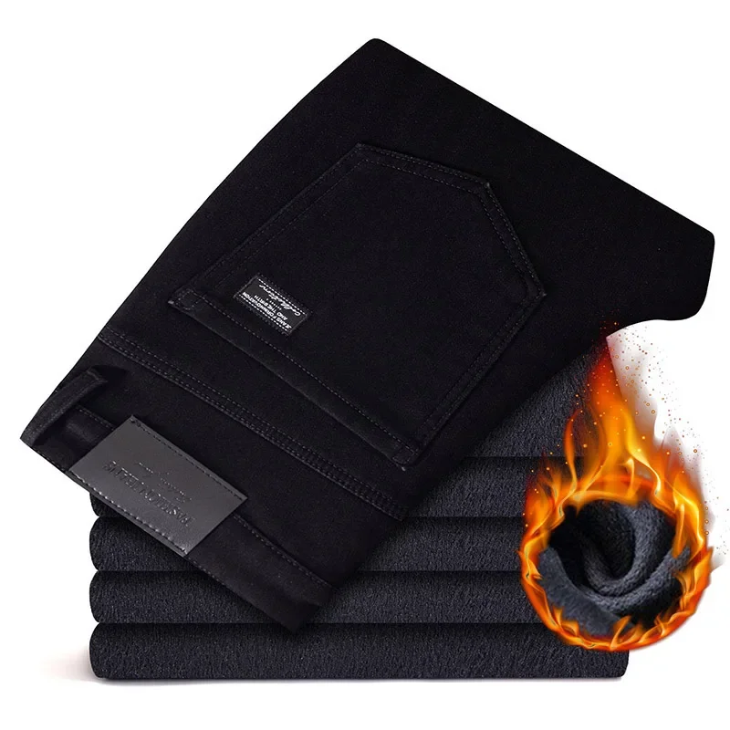 الرجال الحراري الصوف الجينز الشتاء بسط سليم مستقيم الساق الدافئة سراويل جينز اليومية عادية الأعمال تنوعا ملابس خارجية السراويل #6