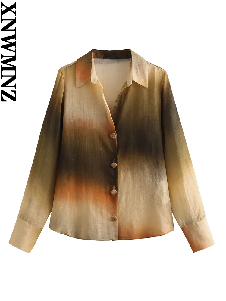 

XNWMNZ Women's Fashion 2023 Tie Dyed Ramie Shirt Women Vintage Lapel Long Sleeve Casual Versatile Top Female Blouse