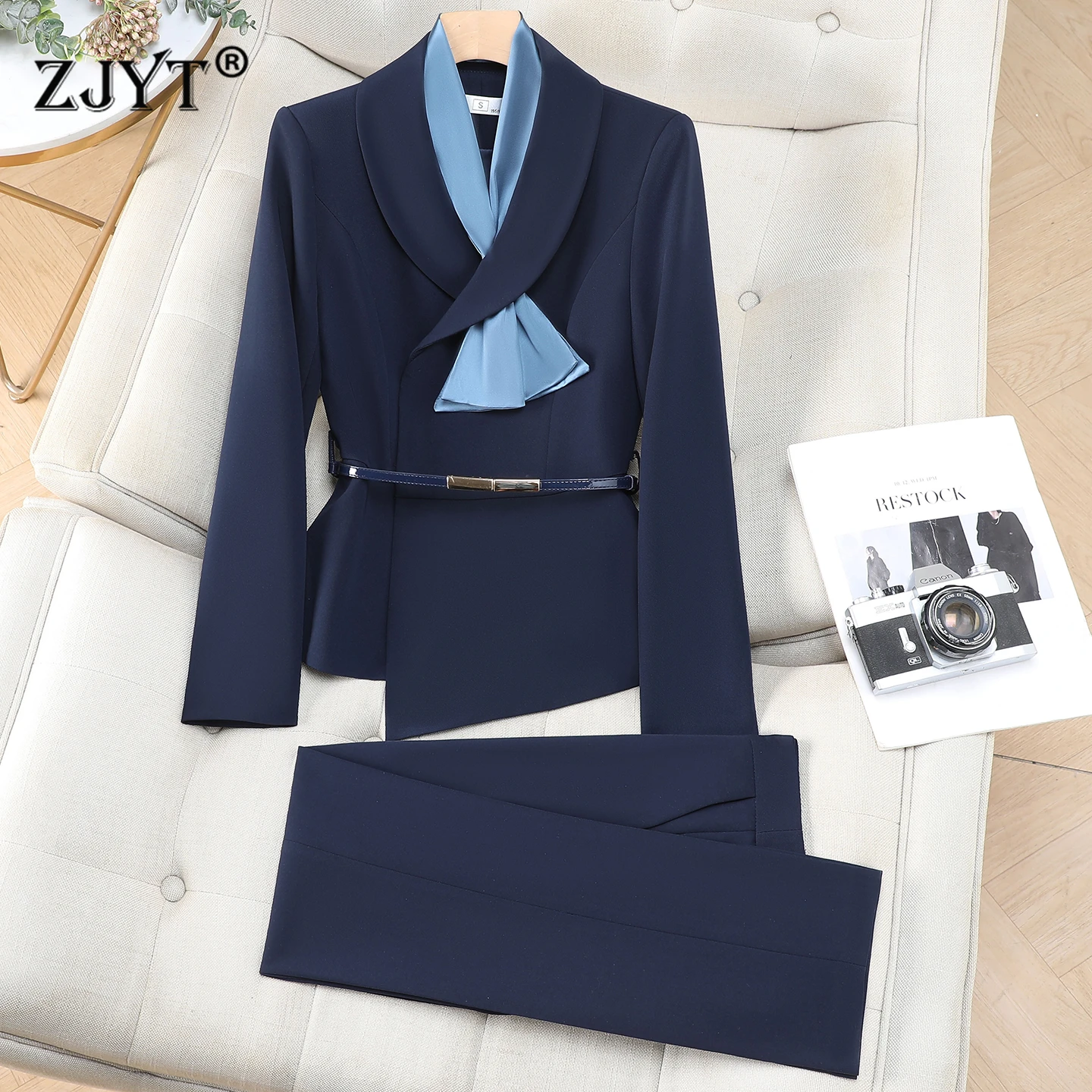 

ZJYT Elegant Business Chic Formal Trousers Blazer Suits Women Autumn New 2026 Fashion Jackets and Pants Sets 2 Piece Outfit Blue