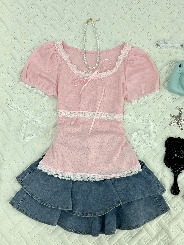

Original Pure Desire Slim Fit T-irt for Women with Lace Trim Pink Summer Casual Sle ort Sve Cotton Blend Top