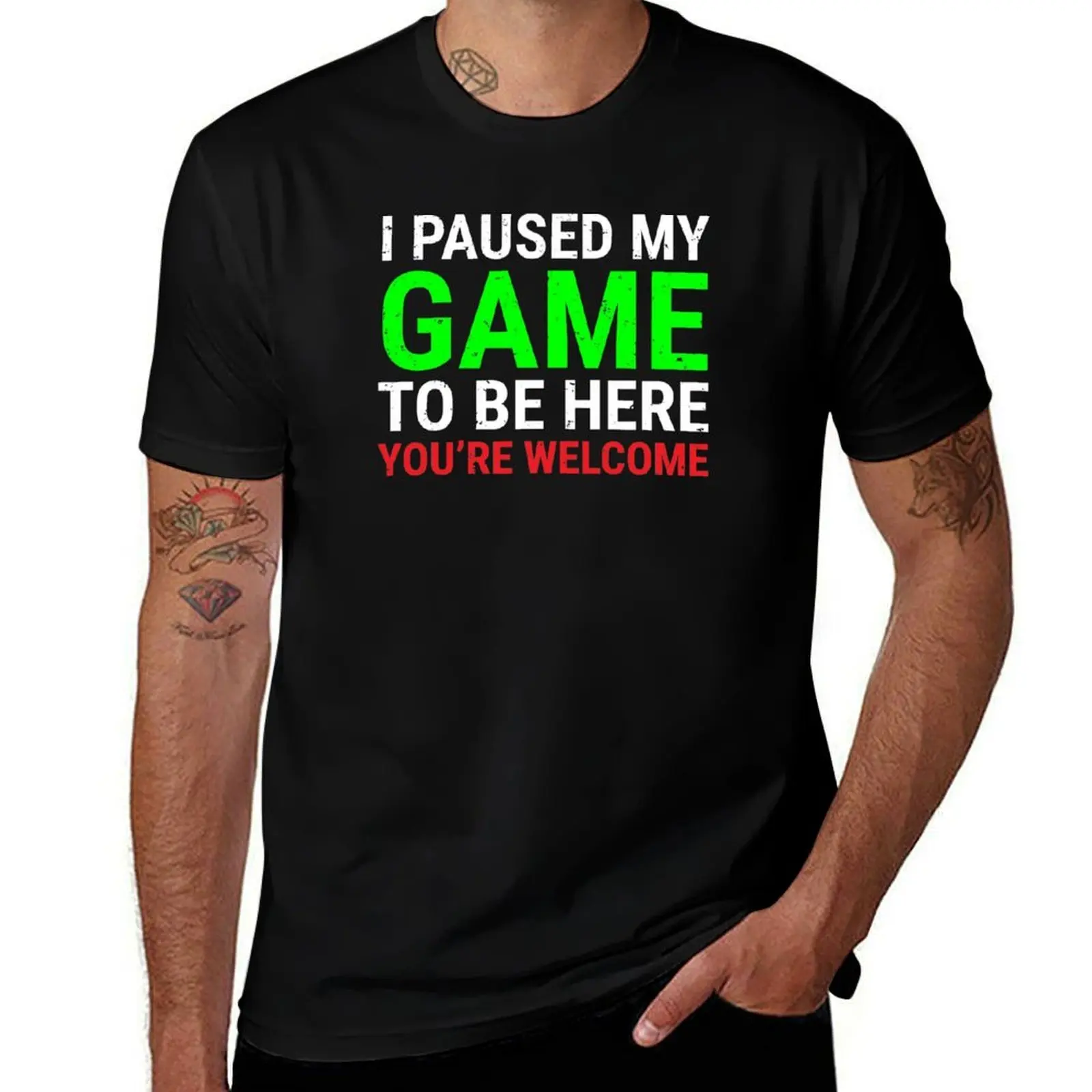 I Paused My Game To Be Here Funny Gamer T-Shirt Vintage Print Crew Neck Tee T-Shirt